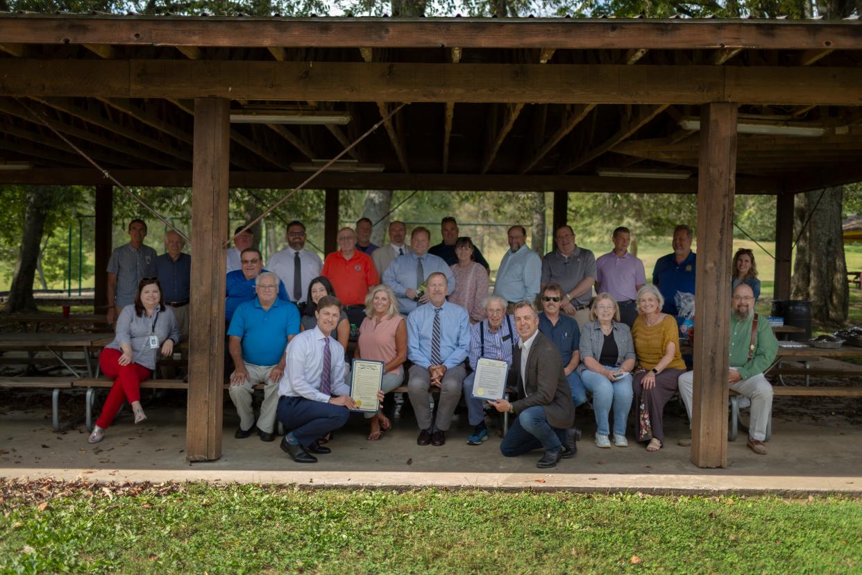 Columbia Mayor Chaz Molder and Maury County Mayor Andy Ogles present proclamations to Columbia Rotarians for the organization’s ongoing effort to eradicate polio during a meeting at the Maury County Park in Columbia, Tenn., on Thursday, Oct. 14, 2021.