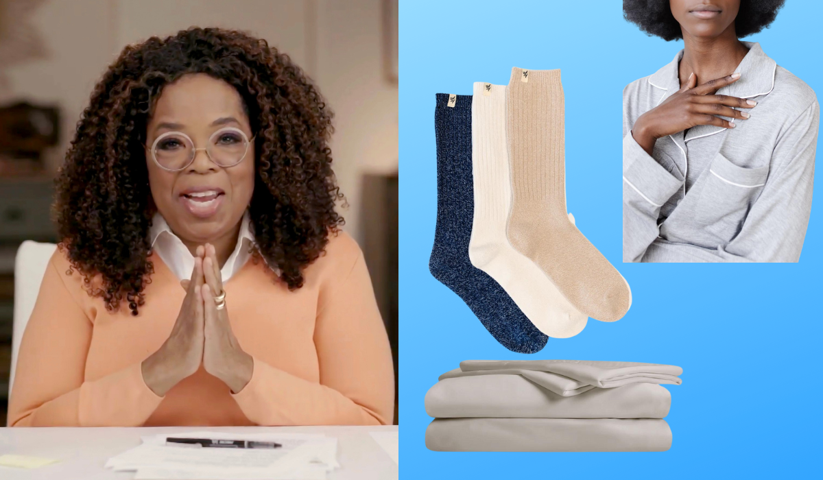 Oprah next to a variety of Cozy Earth products.