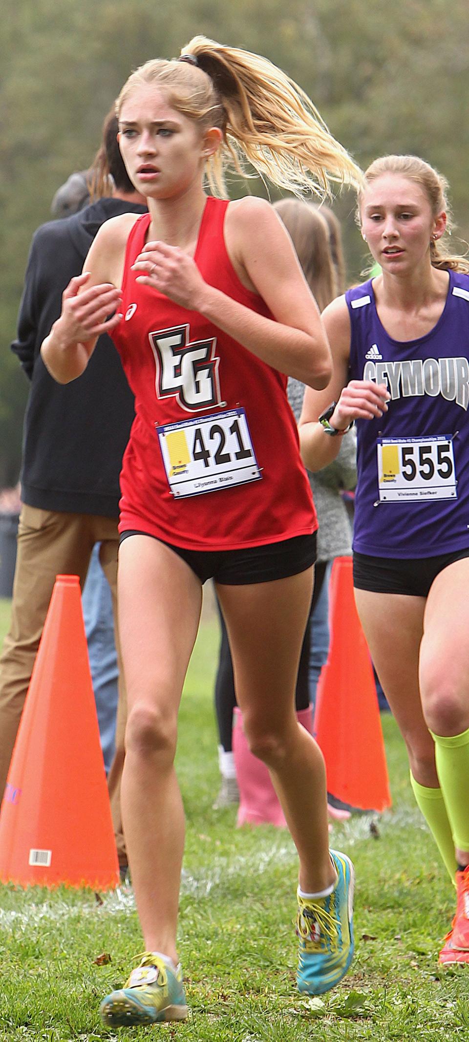 Eastern Greene's Lilyanna Blais competes in the Brown County cross country semi-state meet on Saturday, Oct. 23, 2021.
