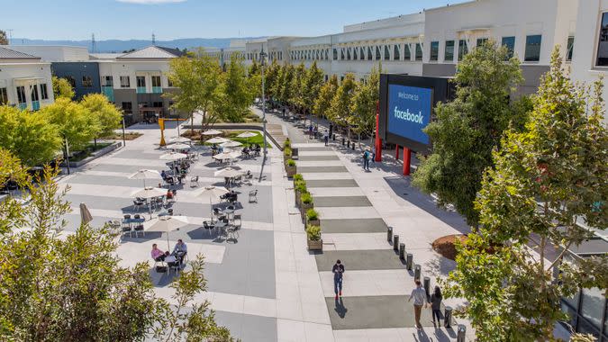 Menlo Park, California United States - August 29, 2016: Looking out at the main campus of Facebook headquarters in Menlo Park California, the online social media and social networking service started in 2004 by Mark Zuckerberg.