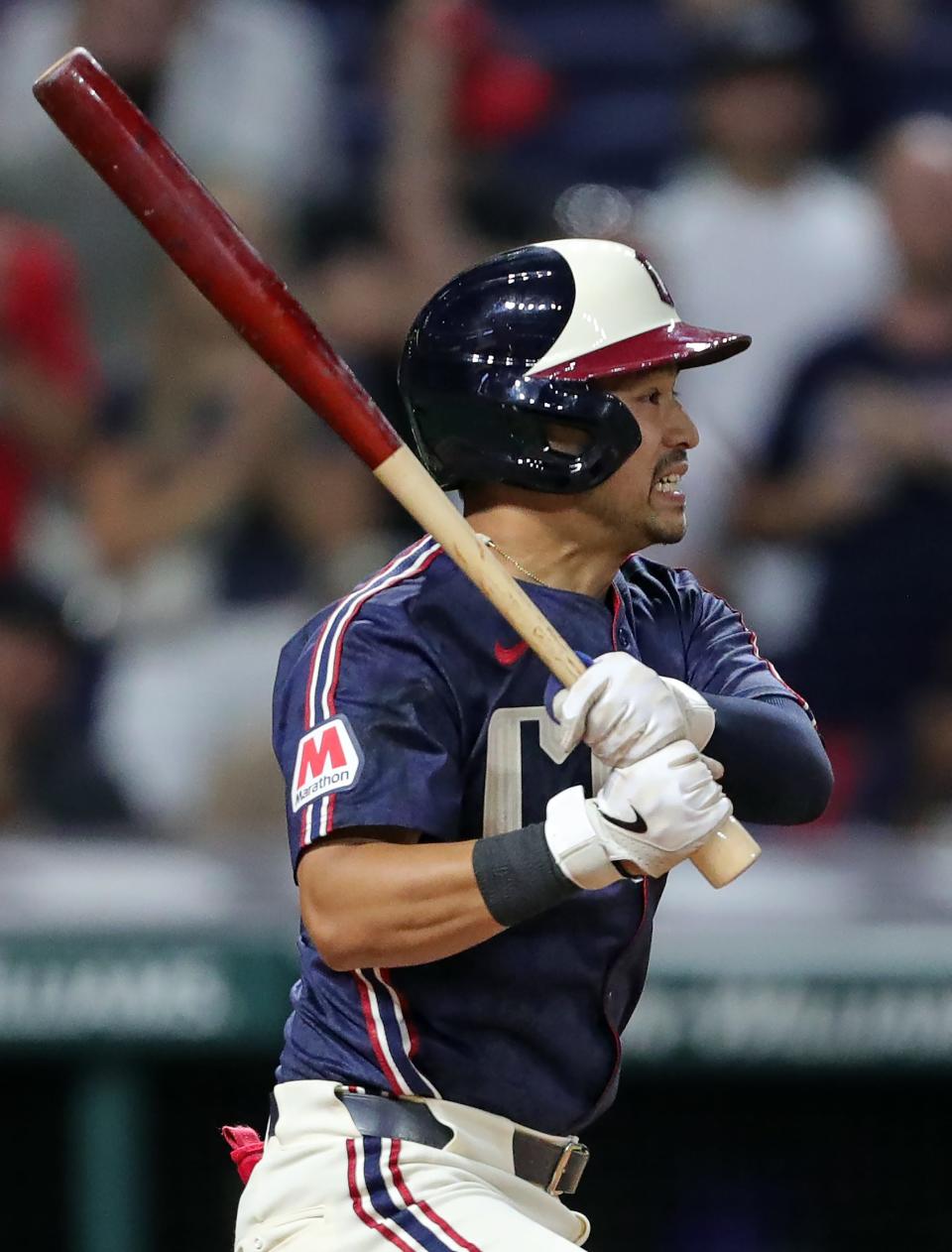 Cleveland Guardians' Steven Kwan (38) watches his grounder June 18 in Cleveland.