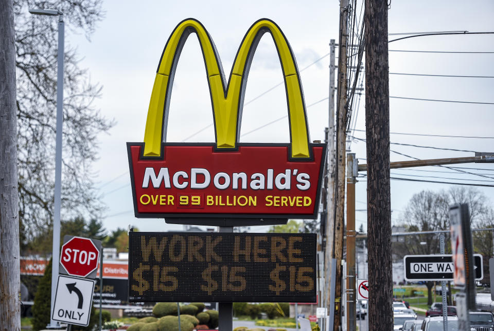 Sinking Spring, PA - April 19: The sign at the McDonald's restaurant on Penn Ave in Sinking Spring, PA April 19, 2021 with a message on a board below it that reads 