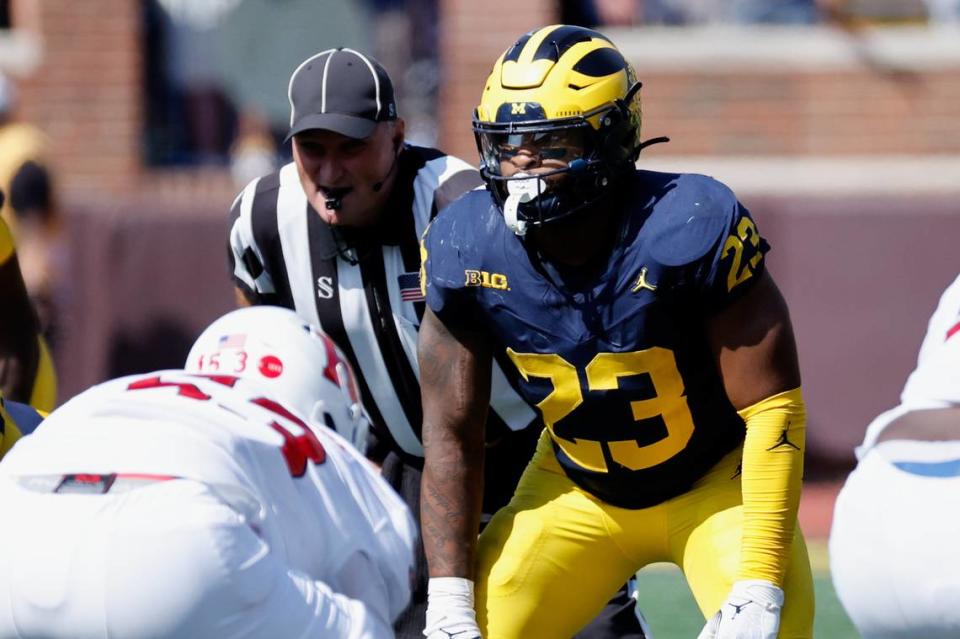 Sep 23, 2023; Ann Arbor, Michigan, USA; Michigan Wolverines linebacker Michael Barrett (23) against the Rutgers Scarlet Knights at Michigan Stadium. Mandatory Credit: Rick Osentoski-USA TODAY Sports Rick Osentoski/Rick Osentoski-USA TODAY Sports