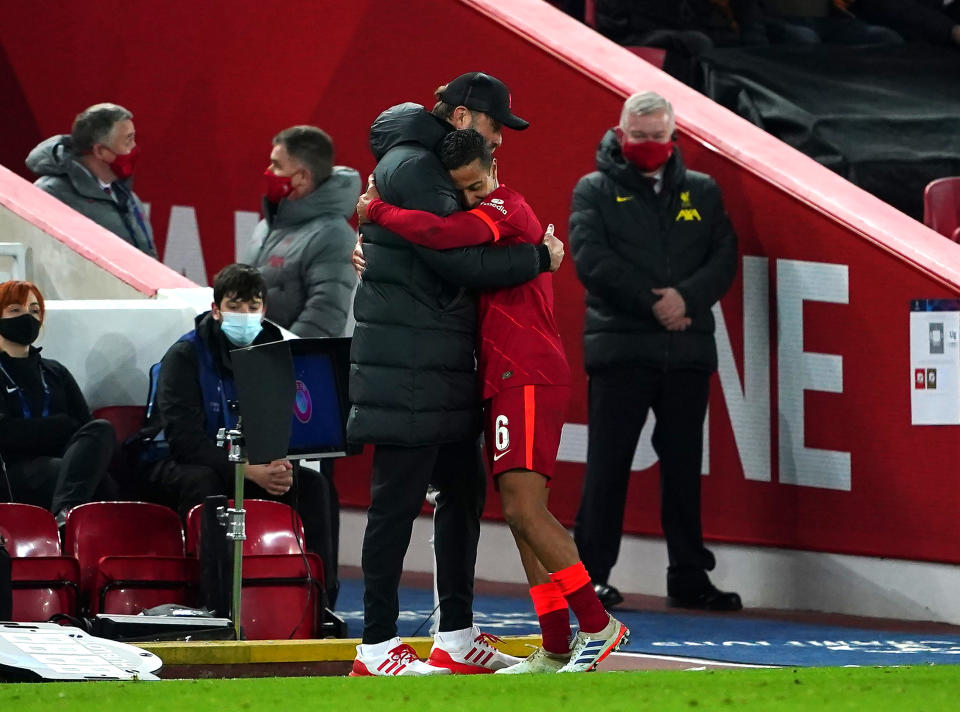 Liverpool manager Jurgen Klopp hugs Thiago Alcantara during the UEFA Champions League, Group B match at Anfield, Liverpool. Picture date: Wednesday November 24, 2021. (Photo by Peter Byrne/PA Images via Getty Images)