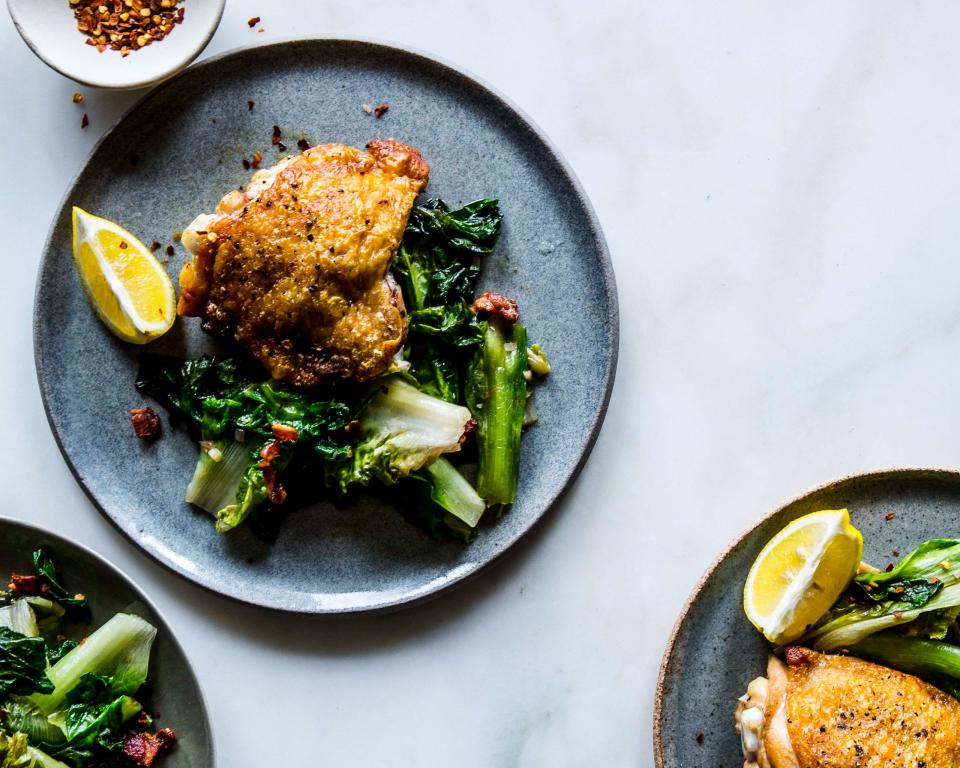 Crispy Chicken Thighs with Bacon and Wilted Escarole