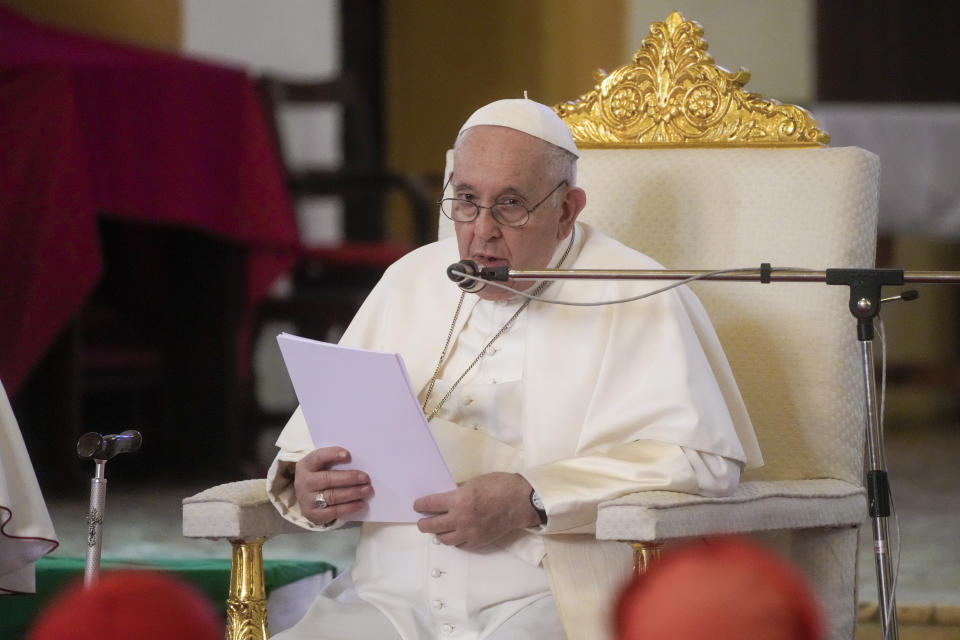 Pope Francis delivers his speech as he meets with priests, deacons, consecrated people and seminarians at the Cathedral of Saint Theresa in Juba, South Sudan, Saturday, Feb. 4, 2023. Francis is in South Sudan on the second leg of a six-day trip that started in Congo, hoping to bring comfort and encouragement to two countries that have been riven by poverty, conflicts and what he calls a "colonialist mentality" that has exploited Africa for centuries. (AP Photo/Gregorio Borgia)