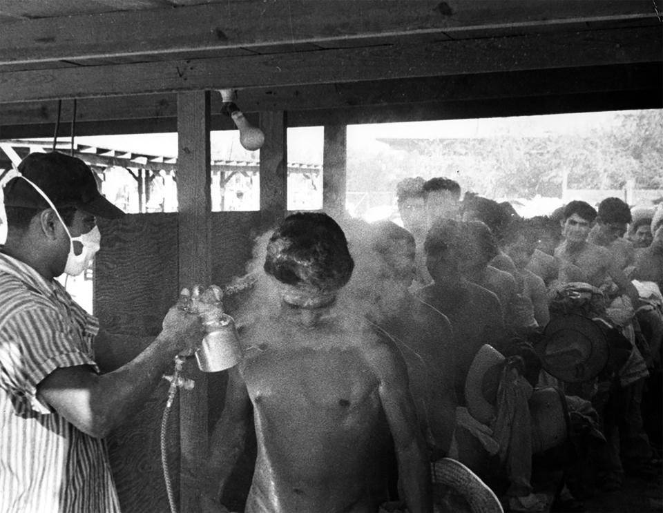 Contract Mexican laborers being fumigated with the pesticide DDT in Hidalgo, Texas in 1956. | Courtesy of the National Museum of American History