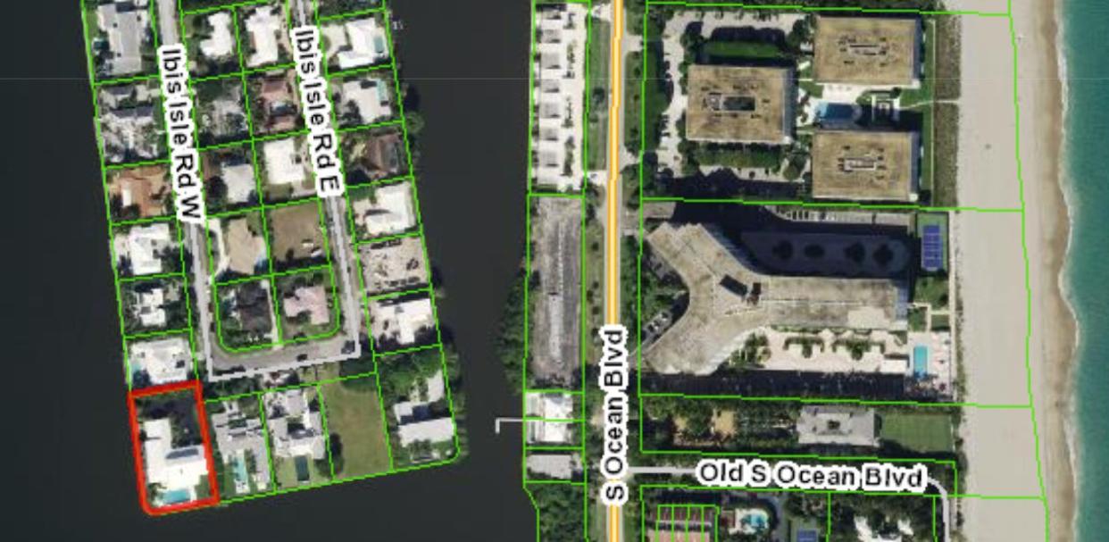 An aerial photograph shows the property at 2308 Ibis Isle Road W. on Ibis Isle in Palm Beach outlined in red at the bottom left corner.