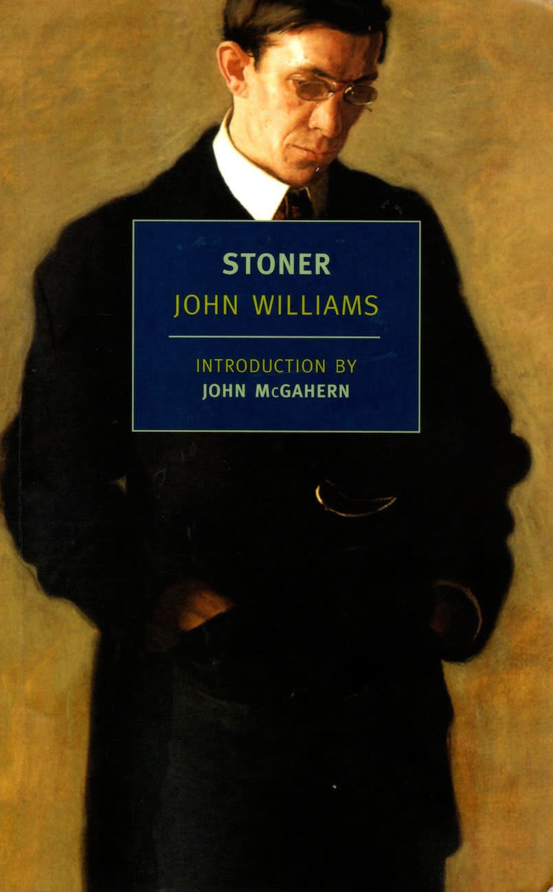 Book cover of "Stoner" by John Williams with an introduction by John McGahern, featuring a painted portrait of a contemplative man