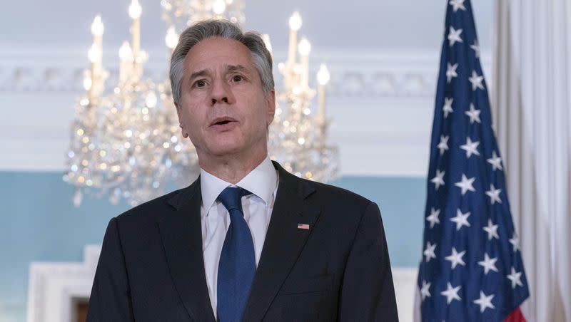 Secretary of State Antony Blinken talks to reporters after a bilateral meeting with OSCE Secretary General Helga Maria Schmid at the State Department in Washington, Monday, July 24, 2023.