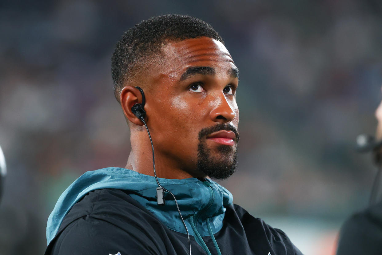 Philadelphia Eagles quarterback Jalen Hurts says he's not fazed by the idea that he might be a temporary starter there. (Photo by Rich Graessle/Icon Sportswire via Getty Images)
