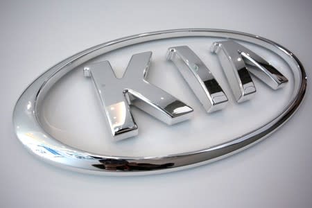 The logo of Kia Motors is seen at the manufacturing plant in Pesqueria