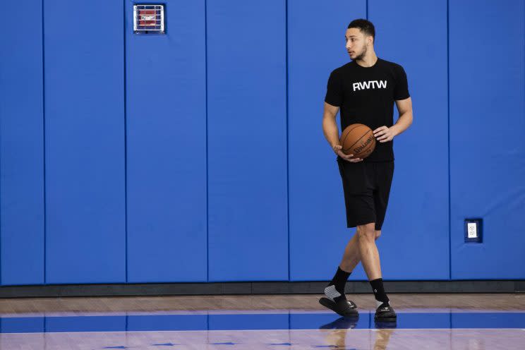 Ben Simmons gets ready to initiate the offense. (AP)