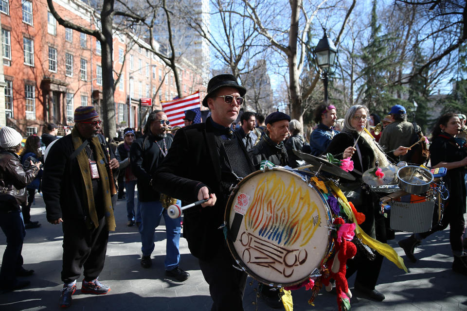 <p>A band plays as they walk around Washington Square Park at the “Mock Funeral for Presidents’ Day” rally in New York City on Feb. 18, 2017. (Gordon Donovan/Yahoo News) </p>