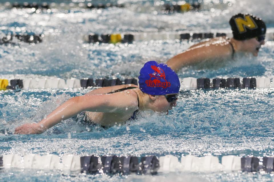 Seaman freshman Joslynn Grace competes in the 100 Yard Butterfly at the Class 5-1A Girls State Championships at Shawnee Mission School District Aquatic Center on Saturday.