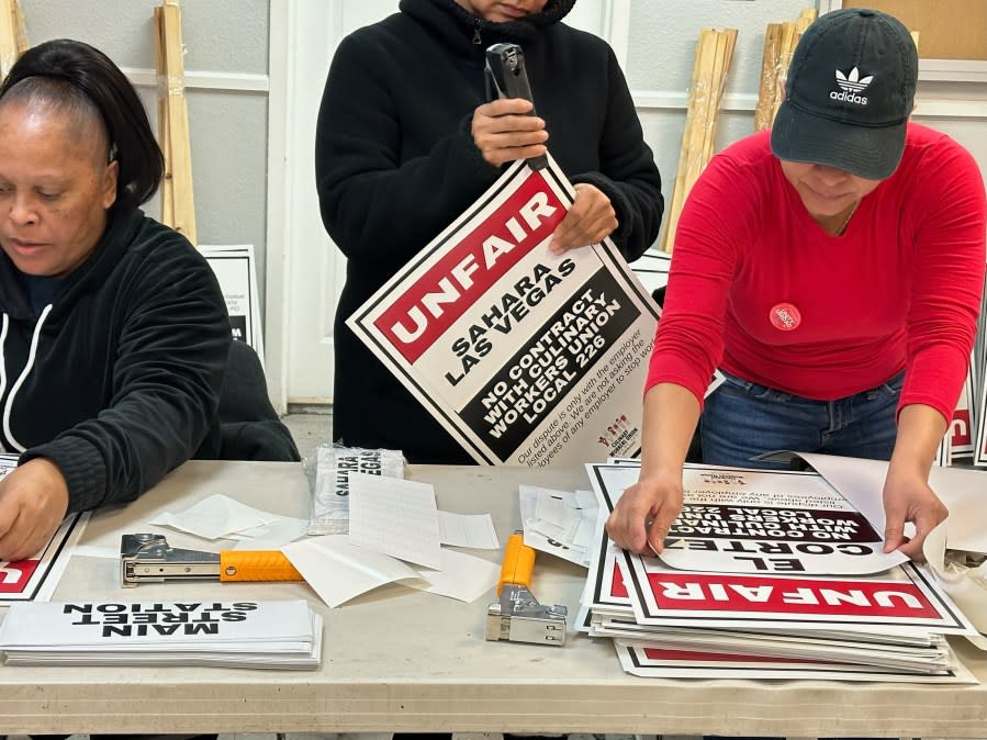 <em>Signs were made up by Culinary Union members on Feb. 1, 2024. (KLAS)</em>