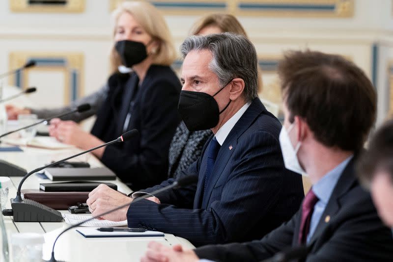 U.S. Secretary of State Antony Blinken speaks during a meeting with Ukrainian President Volodymyr Zelenskiy in Kyiv