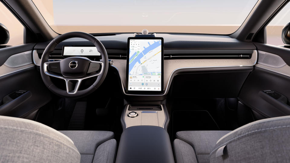 The interior of the all-electric 2024 Volvo EX90 SUV.