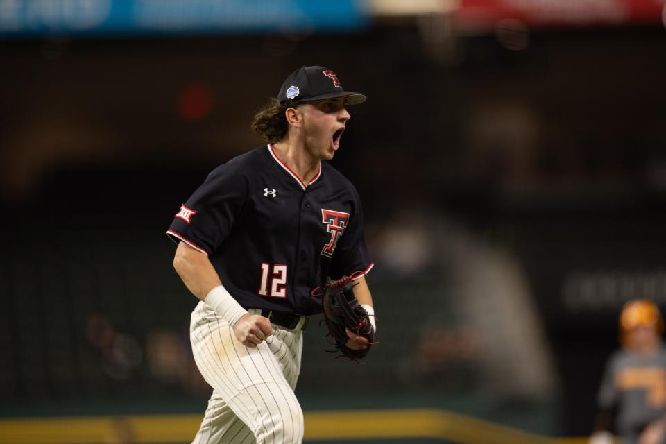 Texas Tech third baseman Cade McGee (12) exults over a play against Tennessee earlier this season at Globe Life Field in Arlington. The Red Raiders have clinched a return to the Texas Rangers' stadium as the No. 10 seed in the Big 12 tournament May 21-25.