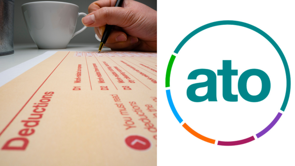 A person filling out a tax return form and the ATO logo.