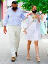 <p>Jennfier Lopez and Alex Rodriguez make their way through N.Y.C. on Wednesday in summery outfits and matching black masks.</p>