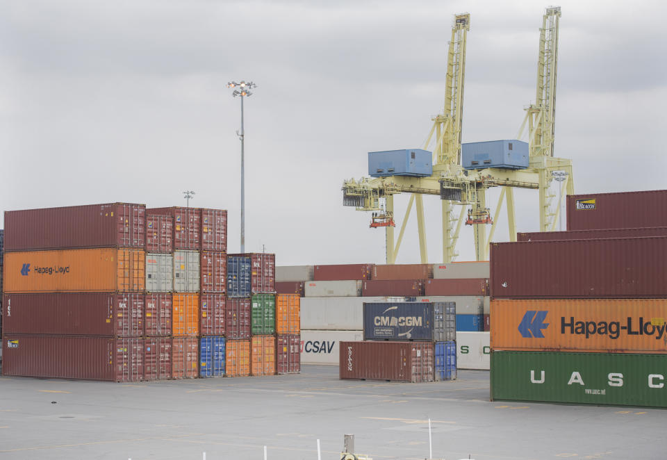 Shipping containers are shown at the Port of Montreal, Sunday, April 25, 2021.The union representing dock workers at the Port of Montreal says it has ended a long-standing hiring practice that has been criticized for fostering nepotism and leading to young children being placed on a list of potential workers. THE CANADIAN PRESS/Graham Hughes