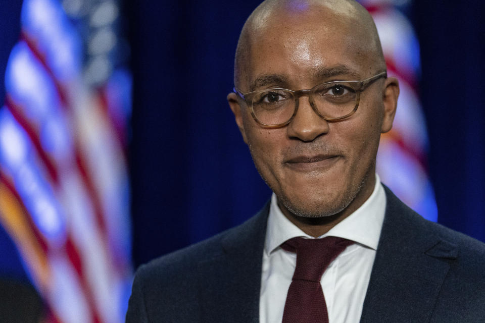 United States Attorney for the Southern District of New York Damian Williams speaks during a ceremony on Friday, Nov. 19, 2021, in New York. (AP Photo/Jeenah Moon)