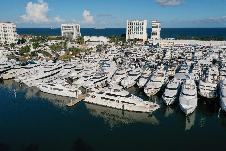 An aerial view from a drone shows boats that are being prepared for display at the 60th annual Fort Lauderdale International Boat Show on October 29, 2019 in Fort Lauderdale, Florida. (Joe Raedle/Getty Images) 