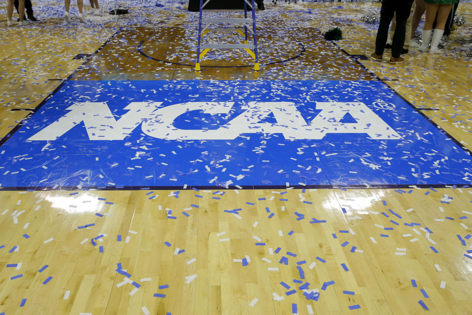 EVANSVILLE, IN - MARCH 30:  The NCAA Logo covered in confetti after the NCAA Division II Final Four Championship basketball game between the Northwest Missouri State Bearcats  and the Point Loma Sea Lions on March 30, 2019, at the Ford Center in Evansville, Indiana. (Photo by Jeffrey Brown/Icon Sportswire via Getty Images)