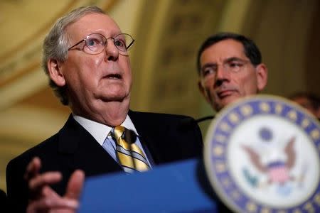 FILE PHOTO - U.S. Senate Majority Leader Mitch McConnell speaks to the media about plans to repeal and replace Obamacare on Capitol Hill in Washington, DC, U.S. on June 27, 2017. REUTERS/Aaron P. Bernstein/File Photo