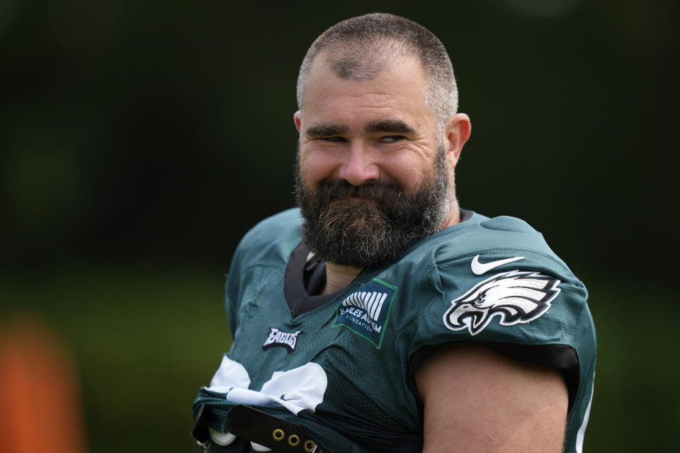 Philadelphia Eagles' Jason Kelce smiles during the NFL football team's training camp, Thursday, Aug. 3, 2023, in Philadelphia. (AP Photo/Matt Slocum)