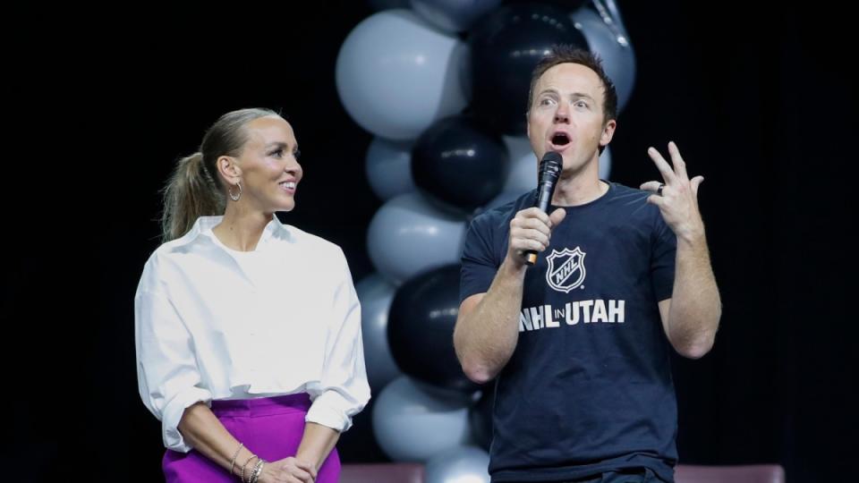 Team owners Ashley and Ryan Smith of the yet to be named NHL Utah hockey team speak before the players are introduced to the fans at the Delta Center on April 24, 2024 in Salt Lake City, Utah.<p>Photo by Chris Gardner/Getty Images</p>