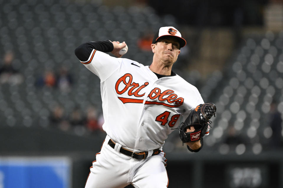 Baltimore Orioles starting pitcher Kyle Gibson throws to a Detroit Tigers batter during the first inning of a baseball game Saturday, April 22, 2023, in Baltimore. (AP Photo/Terrance Williams)