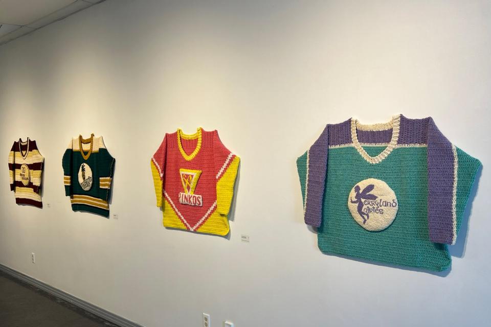 Knit jersey for Queer hockey teams on exhibition at Klondike Institute of Art &amp; Culture in Dawson City