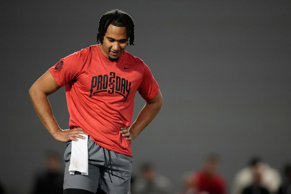 Ohio State Buckeyes quarterback C.J. Stroud throws for NFL representatives during Ohio State football’s pro day at the Woody Hayes Athletic Center in Columbus on March 22, 2023. 