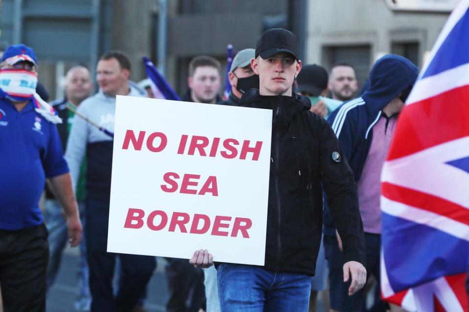 People take part in a Loyalist protest in Newtownards, County Down, against the Northern Ireland Protocol (Brian Lawless/PA) (PA Archive)