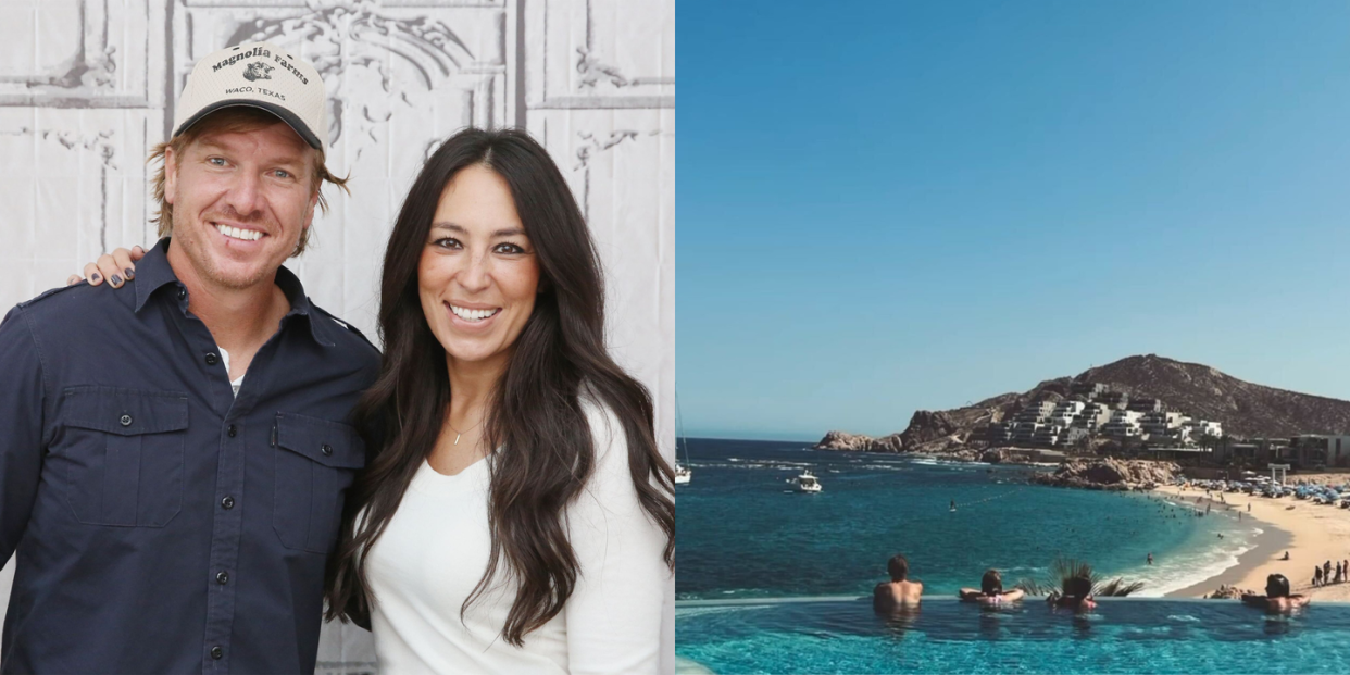 chip and joanna gaines next to an image she posted of their family on vacation in mexico