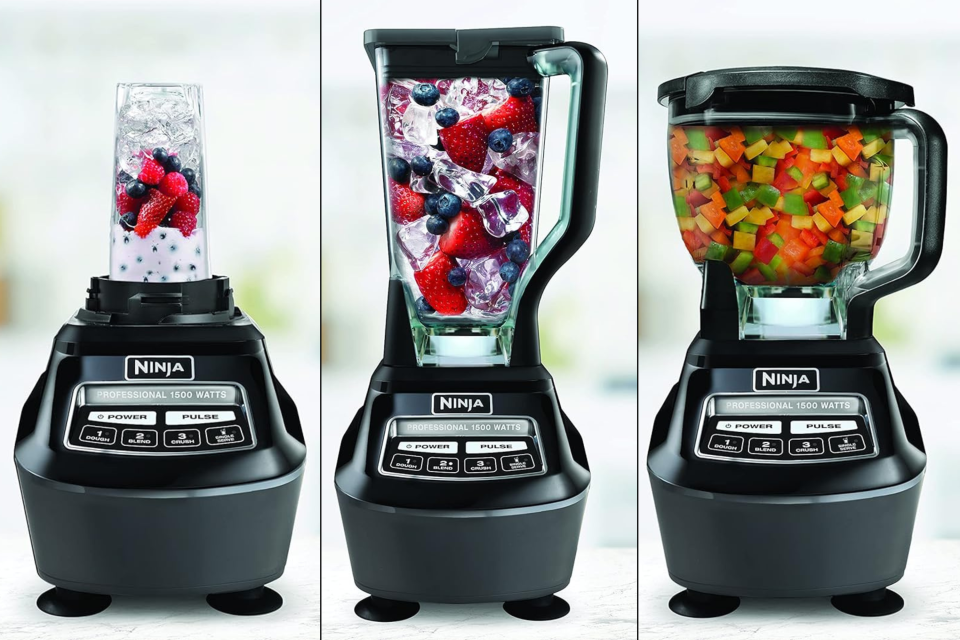 The Ninja blender shown three ways: as a personal blender, a full-size blender and a food processor