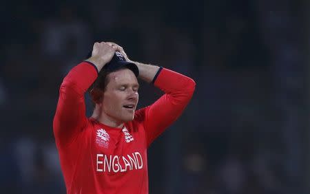 Cricket - England v New Zealand - World Twenty20 cricket tournament semi-final - New Delhi, India - 30/03/2016. England's captain Eoin Morgan reacts after a missed run out chance. REUTERS/Adnan Abidi