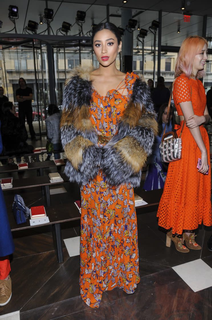 Actress Shay Mitchell at the Tory Burch fashion show on Valentine’s Day