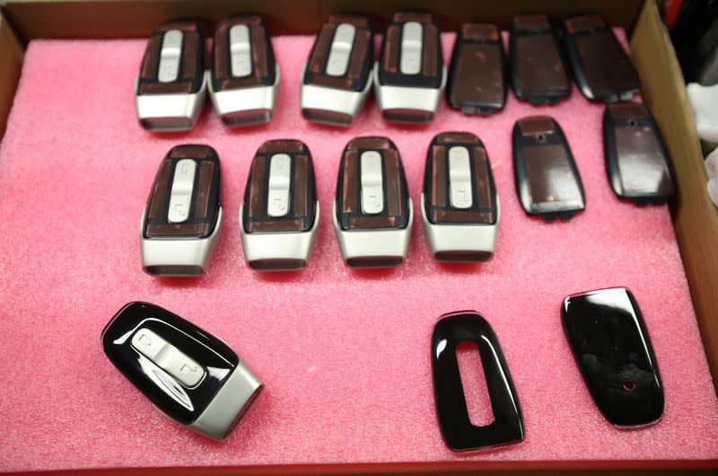 Vehicle key fobs await assembly at the Aurrigo factory in Coventry