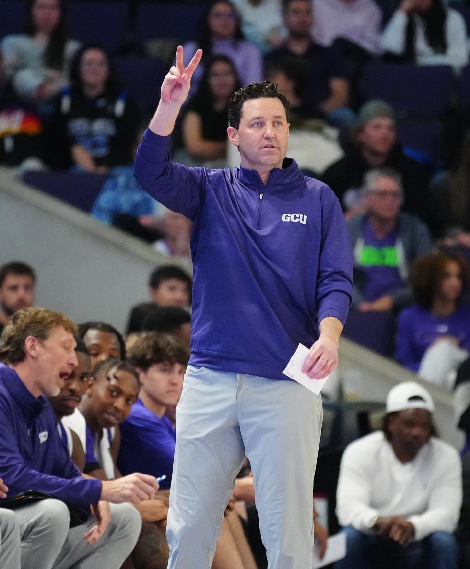 February 17, 2023; Phoenix, Ariz; USA; GCU head coach Bryce Drew calls out to his players during a game at GCU. 