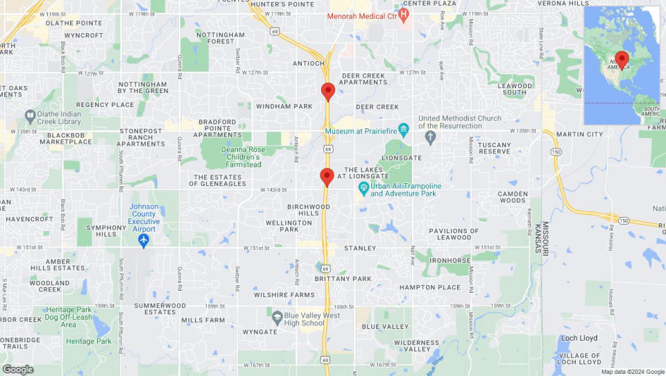 A detailed map that shows the affected road due to 'Lane on US-69 closed in Overland Park' on May 3rd at 3:58 p.m.