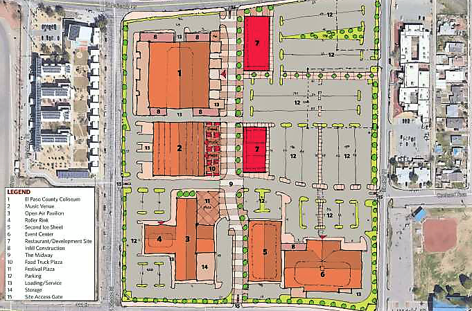 This concept diagram in a study done by Hunden Strategic Partners shows the layout of the El Paso County Coliseum campus with a proposed boutique music venue, No. 2, and a second ice rink, No. 5, next to the current Events Center, where the El Paso Rhinos hockey team plays. A walkway, No. 9,  is proposed through the middle of the parking lot.