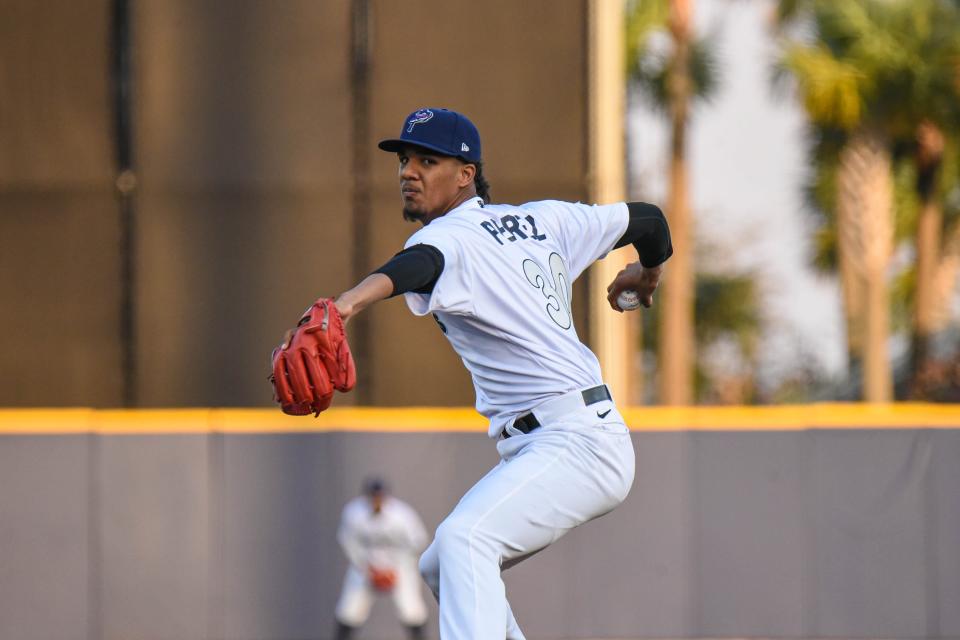 Blue Wahoos pitcher Eury Perez works the first inning in his debut Friday night as the youngest player (18) in team history.