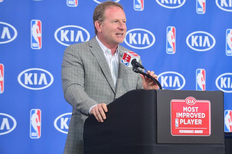 Robert G. Sarver Managing Partner for the Phoenix Suns speaks at the press conference where Goran Dragic is awarded the KIA NBA Most Improved Player Award on April 23, 2014 at U.S. Airways Center in Phoenix, Arizona.