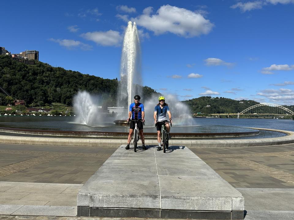 Dennis Romboy, left, and Marcus Romboy at Point State Park in Pittsburgh before starting a 340-mile bike ride to Washington, D.C. | Jill Romboy, for the Deseret News