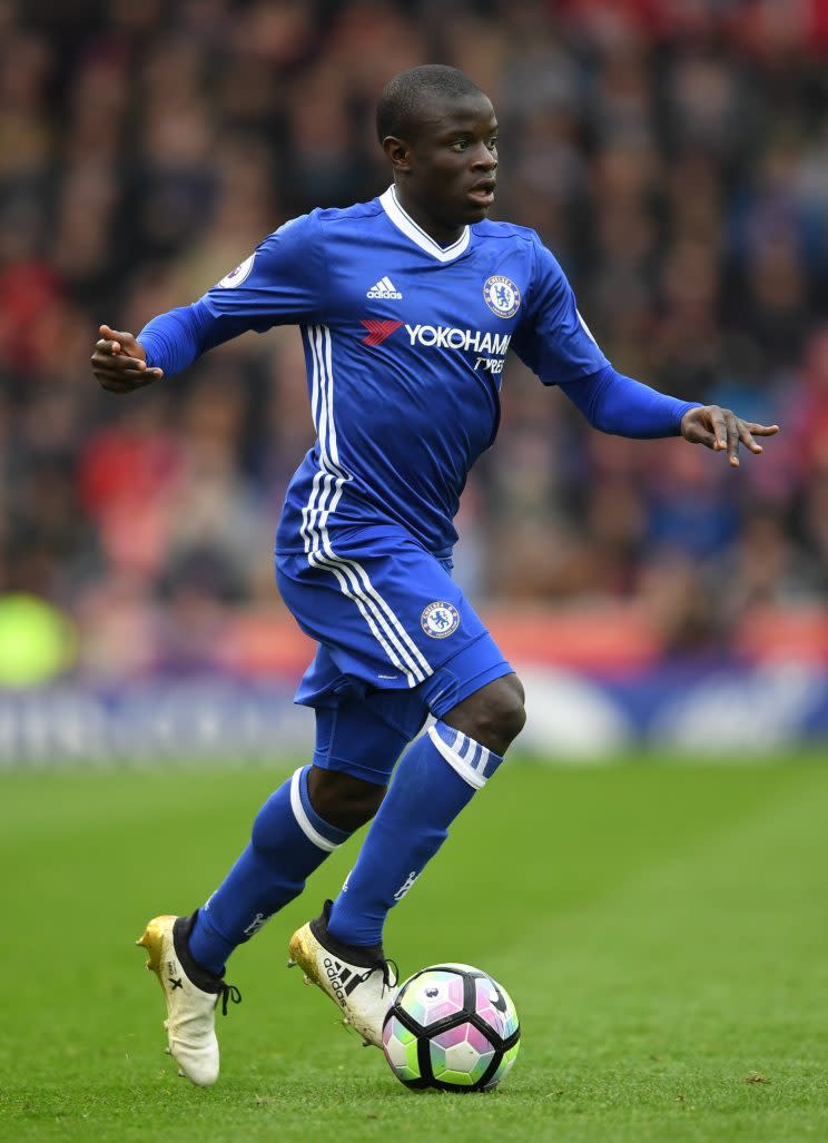 STOKE ON TRENT, ENGLAND - MARCH 18: N'Golo Kante of Chelsea in action during the Premier League match between Stoke City and Chelsea at Bet365 Stadium on March 18, 2017 in Stoke on Trent, England. (Photo by Laurence Griffiths/Getty Images)
