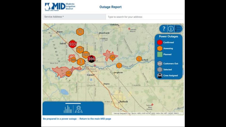 Screenshot of the Modesto Irrigation District’s interactive outage report map, taken just before 4:30 p.m. Sunday, Feb. 4.