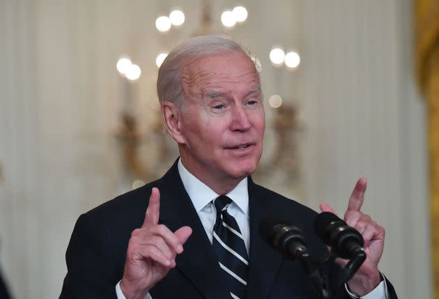 US President Joe Biden speaks about his administration's social spending plans, from the East Room of the White House in Washington, DC, on October 28, 2021. - Biden set out details of a revamped USD 1.75 trillion social spending package Thursday to structure a more equitable economy and tackle climate change, the culmination of weeks of intense negotiation. (Photo by Nicholas Kamm / AFP) (Photo by NICHOLAS KAMM/AFP via Getty Images) (Photo: NICHOLAS KAMM via Getty Images)